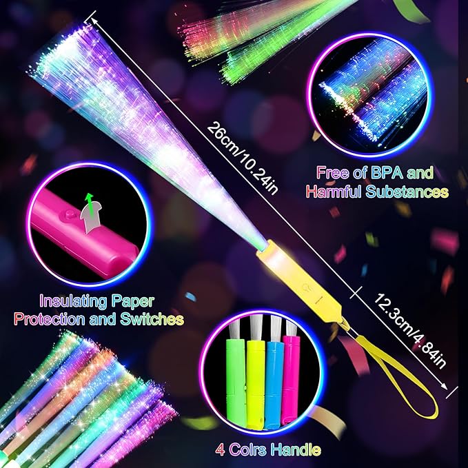 SHQDD 200PCS Glow Fiber Optic Sticks, LED Light Wands, Glow in The Dark Party Supplies, Fiber Optic Wands for Weddings, Birthdays&Events,Flashing LED Party Favors,Colorful Light Sticks for Kids&Adults