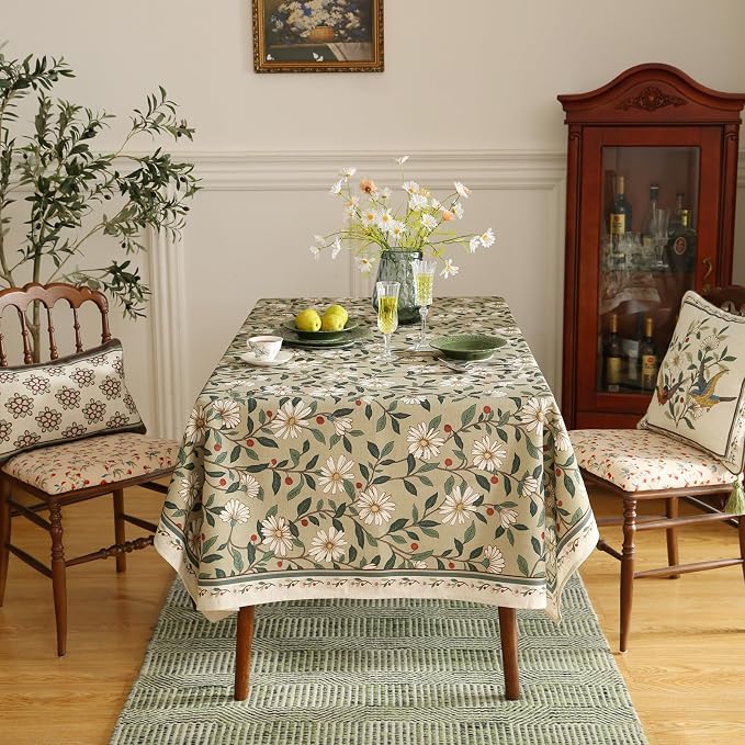 ISAENNE Designer Vintage Linen Green Rectangular Tablecloth,118"x67"-Brune | French Elegant Long Table Cloth Rectangle Table,Floral Pattern,Heavyweight,Dining Room,Tea Party,Kitchen,Thanksgiving