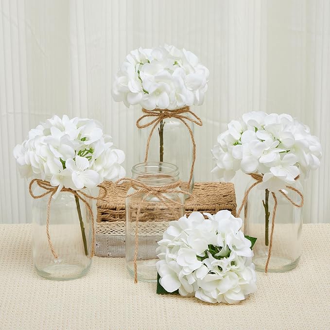 4 Sets Mason Jar Centerpiece with LED Lights and White Hydrangea Fake Flowers Vase for Wedding Bridal Shower Party Coffee Table Decor