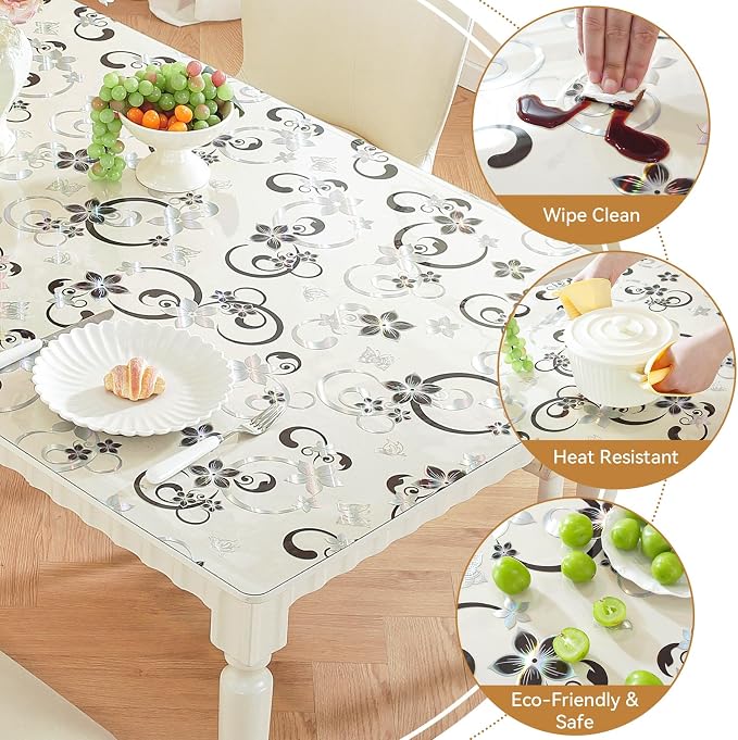 LovePads Floral Clear Table Cover Protector - 42 x 78 Inch Thick Plastic Table Cloth, Waterproof PVC Desk Mat for Dining Room Table, Wood Furniture Topper, Anti-Scratch Desk Pad for Kids Writing,