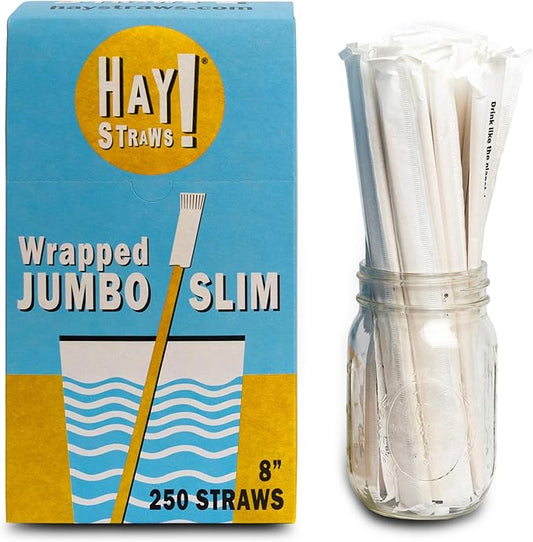 Hay Straws 8 inch Individually Wrapped Compostable Drinking Straw Eco Friendly, 250 Count Biodegradable Disposable Straw for Juices, Smoothies, Plant-Stem Straws, No Paper, Plastic-Free (5–6.5mm)