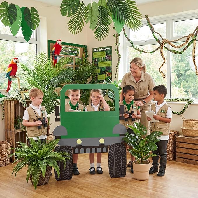 Briwooody 47" H 2026 VBS Safari Vehicle Cardboard Cutout Stand up Tropical Rainforest Car Photobooth Party Decoration Life Size Booth Prop for VBS Sunday School Backdrop Background Religious Party