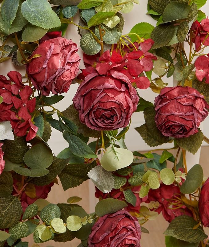 PONKING Flower Garland Artificial Rose & Hydrangea Vine Hanging Fake Flowers Vines for Wedding Birthday Party Valentines Christmas Room Wall Arch Decor, 1 Rose & 1 Hydrangea Red Floral Garland