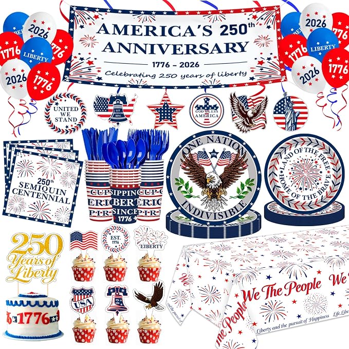 4th of July Party Supplies USA 250th Anniversary Patriotic Party Kit Include Plates Balloons Banner Tablecloth Cake Topper Napkins Cups Tableware, Serves 24
