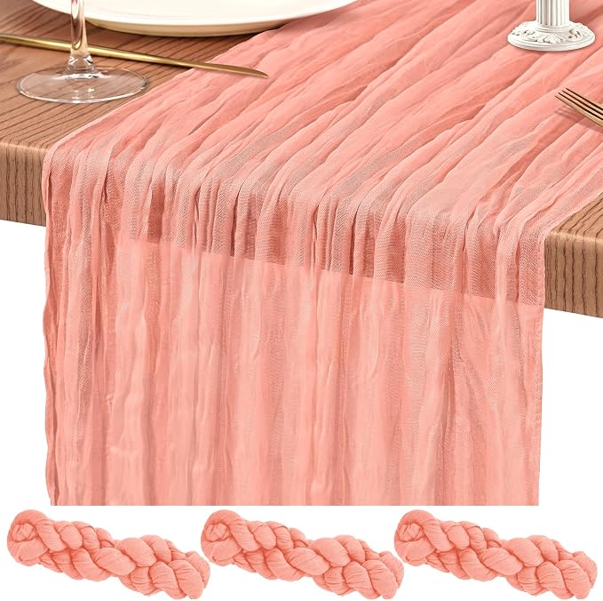 3 Pack Cheesecloth Table Runner 10FT Coral Table Runner Boho Gauze Cheese Cloth Table Runners Long Rustic Sheer Table Decorations for Wedding Party Baby Bridal Shower Birthday Holiday Home