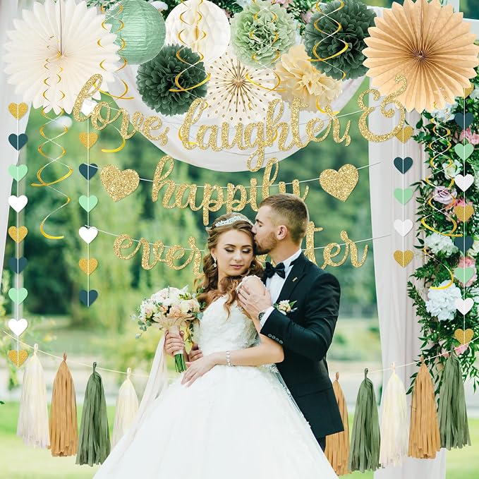 Roetyce Engagement Party Decorations, Green Gold Love Laughter & Happily Ever After Banner for Bridal Shower, Wedding Bachelorette Party Backdrop, Almost Married/Just Engaged Photo Background Decor