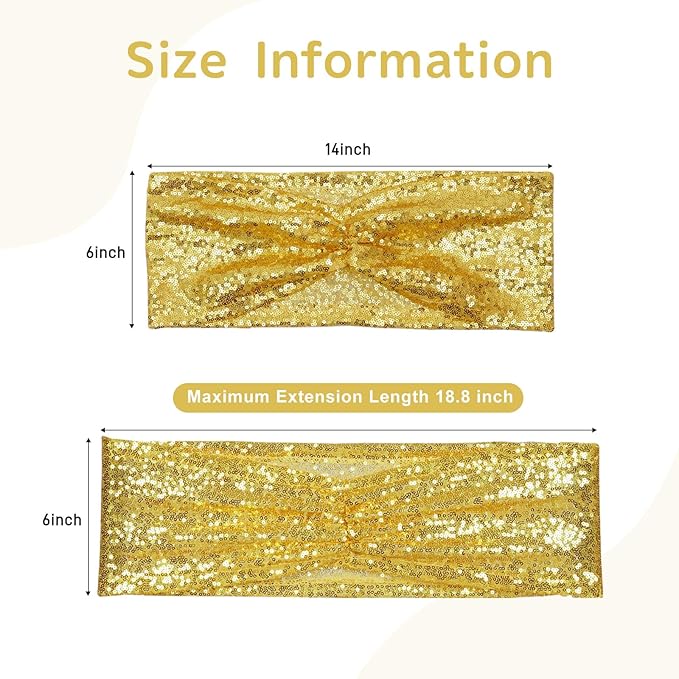 SquarePie Pack of 10 Sequin Chair Sashes Gold Glitter Decorative Bows Bands for Wedding Banquet Party Decor