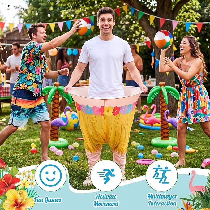 21 Pcs Hawaiian Luau Party Game Set, 4 Summer Theme Giant Granny Pants with 1 Pump 12 Beach Balls & 4 Funny Tropical Palm Flamingo Glasses, Outdoor Tossing Activity for Family Adults