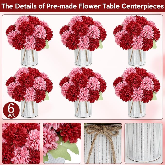 Pre-Made Flower Table Centerpieces, Set of 6 Artificial Silk Chrysanthemum with Metal Vases for Wedding, Birthday Parties, Home Decoration (Burgundy & Dusty Pink, Set of 6 Floral Arrangement)