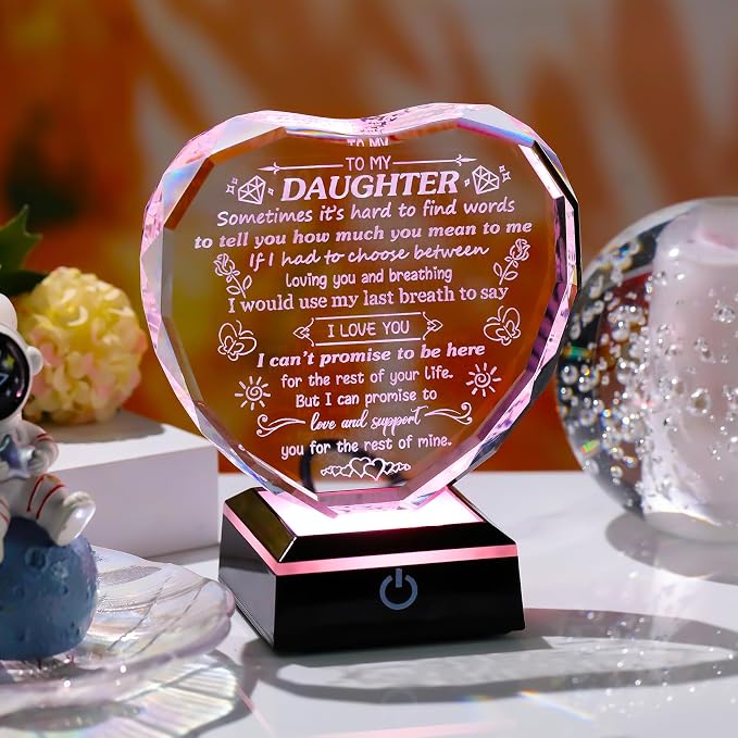 Arikyrist Daughter Gifts from Mom Dad Heart Shaped Crystal Plaque for Daughter with LED Light Base Birthday Graduation Weddind Gifts for Daughter