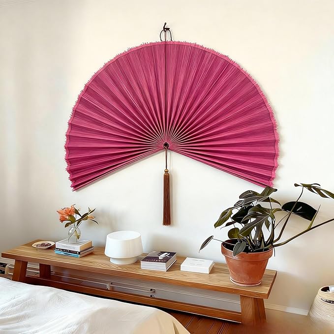 ChumDecor Fan Wall Decor,Large Bamboo Fan Wall Art for Boho Hanging Headboard,Decorative Folding Fan for Over Bed Decorations, (Pink, 31inch)