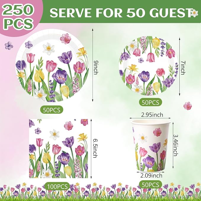 Funnymoom 250 Pcs Tulip Floral Paper Plates and Napkins Spring Party Supplies Flower Disposable Tableware Set for Tulip Easter Spring Wedding Bridal Baby Shower Birthday Tea Party Decoration