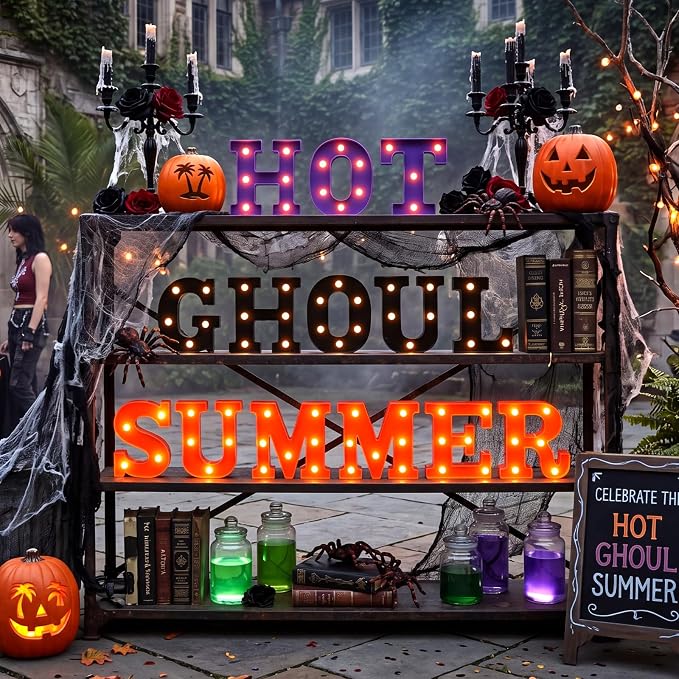Honoson 14 Pcs Summer Halloween Party Decorations Hot Ghoul Summer Light Sign LED Funny Summers Theme Decor for Hawaiian Pool Beach Halloween Birthday Party Decorations