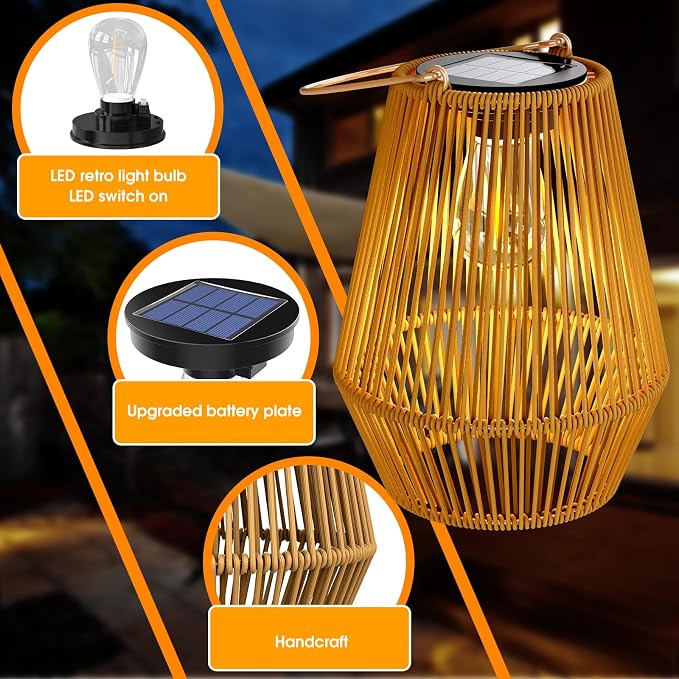Solar Lanterns Outdoor Waterproof, KagoLing Solar Lanterns Outdoor Gifts for Women Mom Grandma Hanging Solar Lights Outdoor Handwoven Rattan Garden Decor for Outside, Patio, Yard, Porch, Lawn, 1 Pack