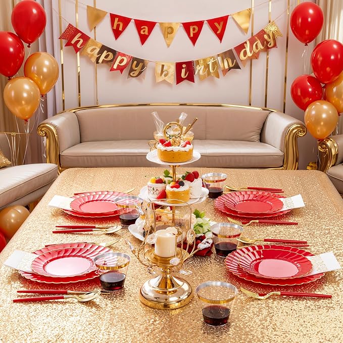 Ciaell 175 PCS Red Scalloped Plastic Plates with Gold Trim - Red Plastic Silverware with Handle - Fancy High-End Dinnerware Sets for Wedding & Party