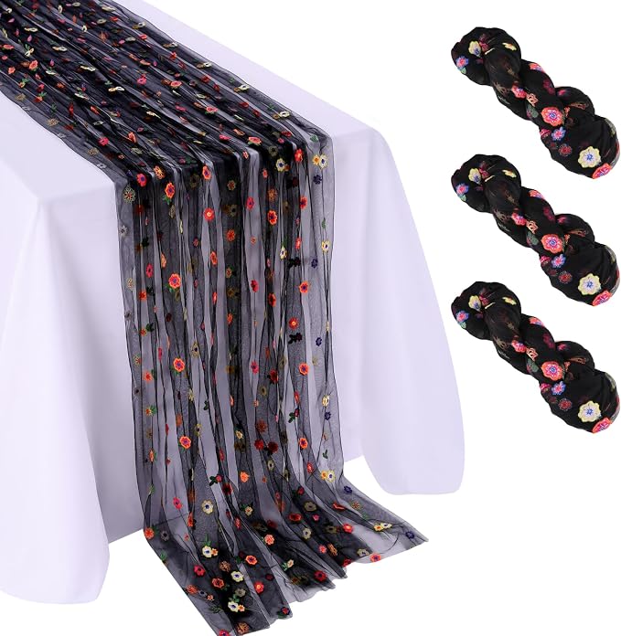 QueenDream Black Flower Table Runner 3 Pcs 10FT Gauze Tulle Fabric with Embroidery Daisy for Home Party Spring Baby Bridal Shower Party Decoration