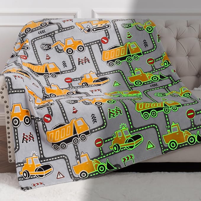 Construction Truck Toys Gifts for Boys - Glow in The Dark Excavator Blanket Birthday Valentines Easter Christmas Decor Presents for Kids Age 1-14 Years Old Teens Child Toddler Son Soft Throw 50"x60"