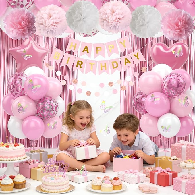 Pink White Birthday Party Decorations 12INCH Light Pastel Pink Confetti Balloons Happy Birthday Banner Cake Topper Fringe Curtain Paper Pom Poms Butterfly Sticker 18INCH Heart Star Foil Girls Women