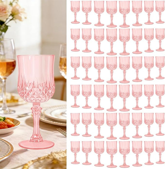 Teruntrue 48 Pcs Light Pink Plastic Wine Glasses Vintage Wine Glass for Parties Crystal Plastic Goblets Drinking Glasses Reusable Drinkware for Wedding, Valentine’s Day, Parties, Grand Event