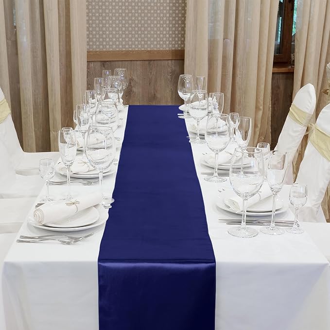 ANECO 4 Pack Satin Table Runner 12 x 108 Inch Long Bright Silk and Smooth Fabric Party Table Runner for Wedding Banquet Party Decoration- Navy Blue