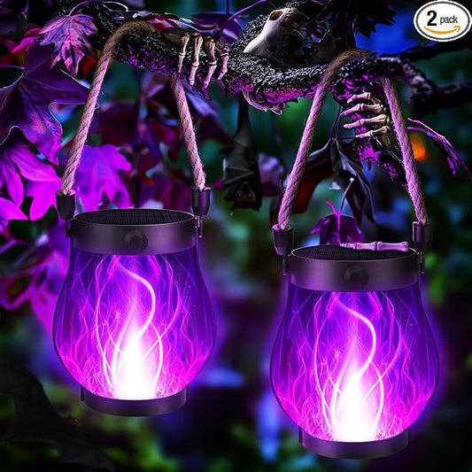 Jyoiat Solar Flame Lantern Hanging Outdoor Waterproof Purple - 2 Pack Flame Lanterns with Dual Charging Modes of Solar & USB for Garden or Yard Decorations (Purple - 2 Pack)