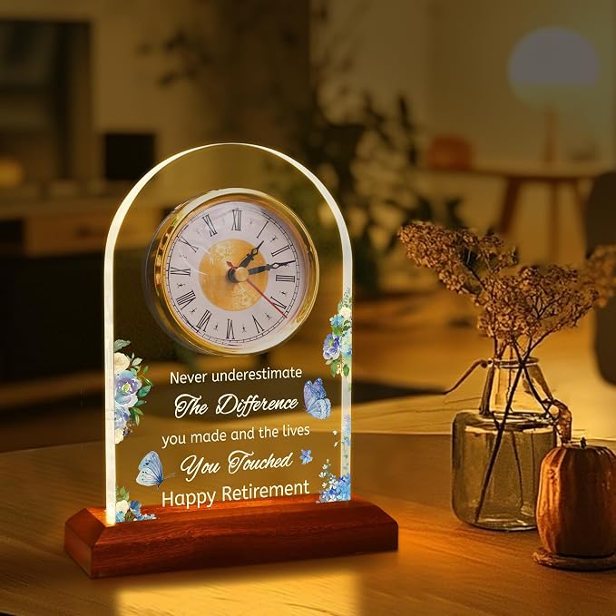 Light Up Quartz Clock Retirement Gifts for Women Men,Retirement Quartz Desk Clock with LED Wooden Base, Coworker Gifts Going Away Gift Congratulations Retired Gifts for Boss Friends Teacher Doctor