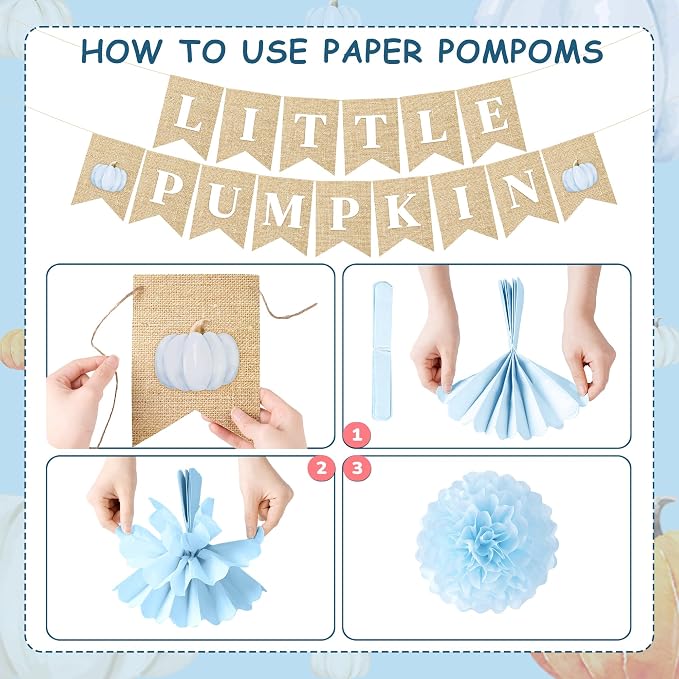 Kriyokiaa Little Pumpkin Baby Shower Decorations for Boy 14 Pcs Blue Fall Baby Shower Decorations with Little Pumpkin Banner, Tissue Pom-Poms, Paper Fan for It's a Boy Party