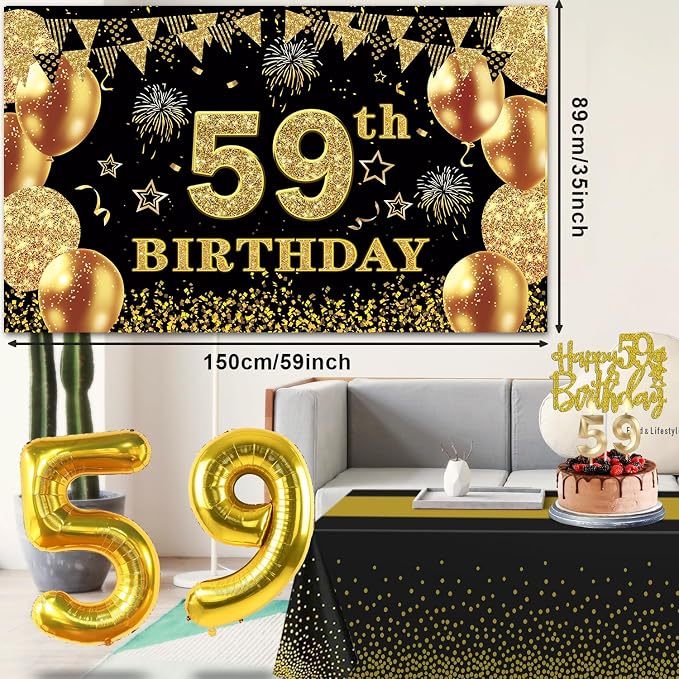 59th Birthday Decorations Men Women with 59th Birthday Banner, Black and Gold Table Cloth, Number Balloons, Large Sash, Cake Topper and Candles