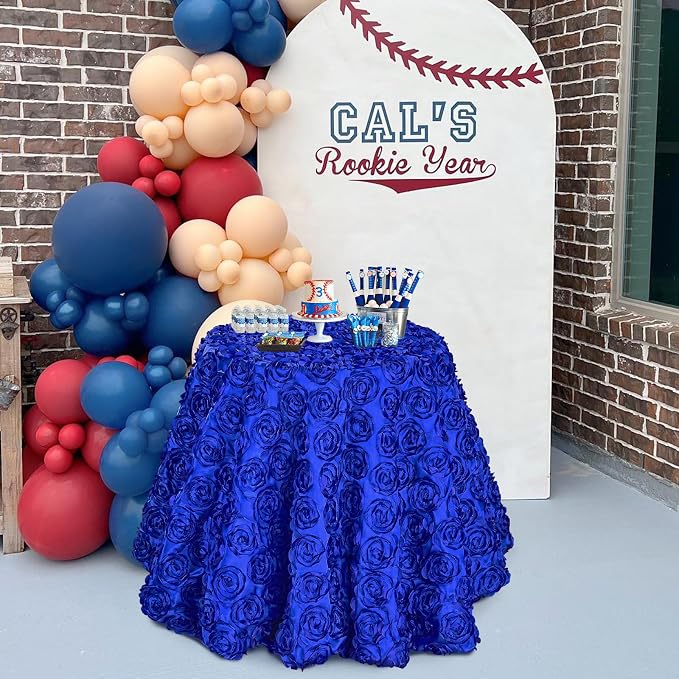 Fanqisi 90x132 Inches Navy Blue Rosettes Tablecloth 3D Floral Satin Rectangular Tablecloth for Party Wedding Baby Shower Event Table Decoration
