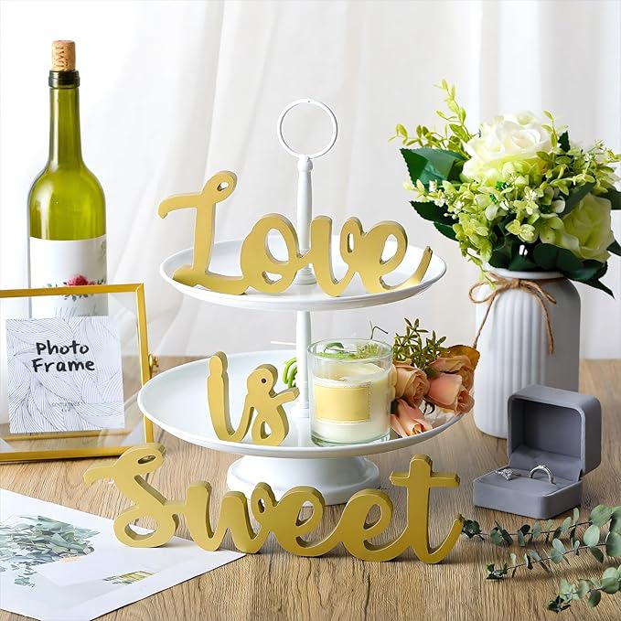 Love Is Sweet Table Decor Hollow Sign Wooden Love Is Sweet Sign for Dessert Table Freestanding Wood Is Wooden Letter Top for Wedding Shelf(Gold)