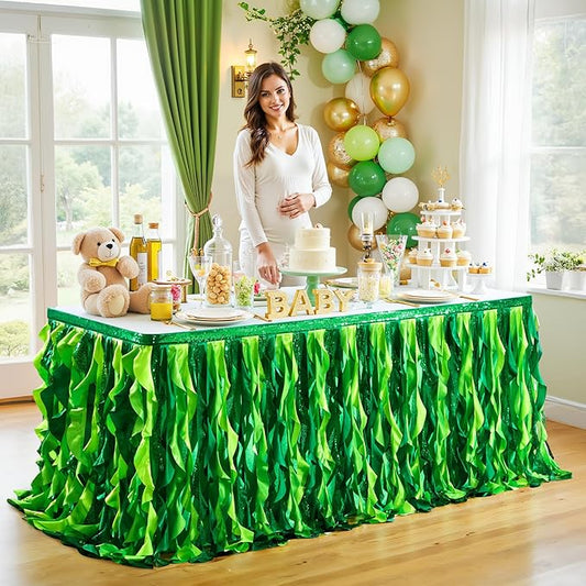 Wish Care 14ft Green Sequin Table Skirt for Rectangle Tables Curly Willow Hawaiian Grass Tutu Skirt Ruffle Table Cloth Desk Skirts for Birthday Baby Shower Jungle Luau Tropical Theme Party Table Decor