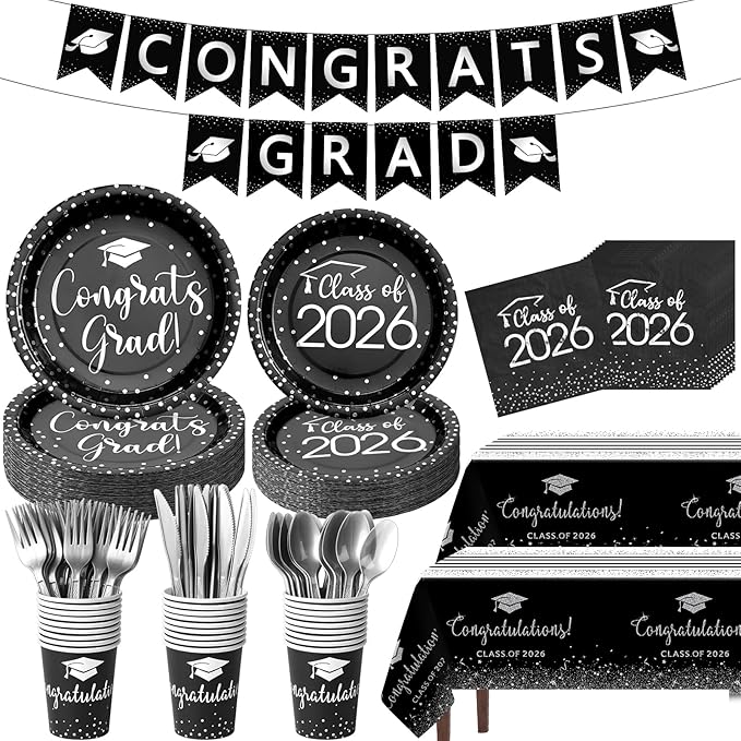 354Pcs Black and Silver Graduation Decorations Set,2026 Graduation Party Supplies Serves 50,Includes Congrats Grad Banner Paper Plates Cups Napkins Tablecloths Tableware for Class of 2026