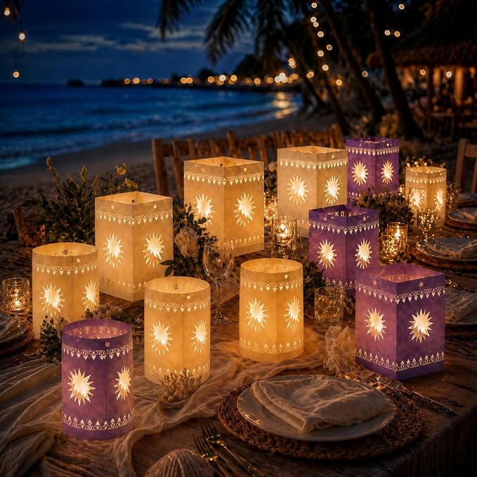 20 Pcs DIY Hanging Lanterns with String Light, Sun Shaped Thickened Paper Cutout Lantern for Princess Girls Birthday Party Home Yard Festival Decorations (10 Yellow+10 Purple, Batteries Not Included)