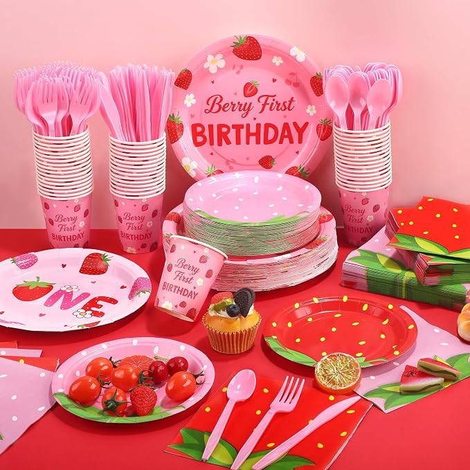Kochorie 400 Pieces Strawberry Disposable Tableware Sets, Summer Fruit Party Supplies with Strawberry Birthday Party Plates Cups Napkins Cutlery Serves 50 for Berry First Birthday Decorations