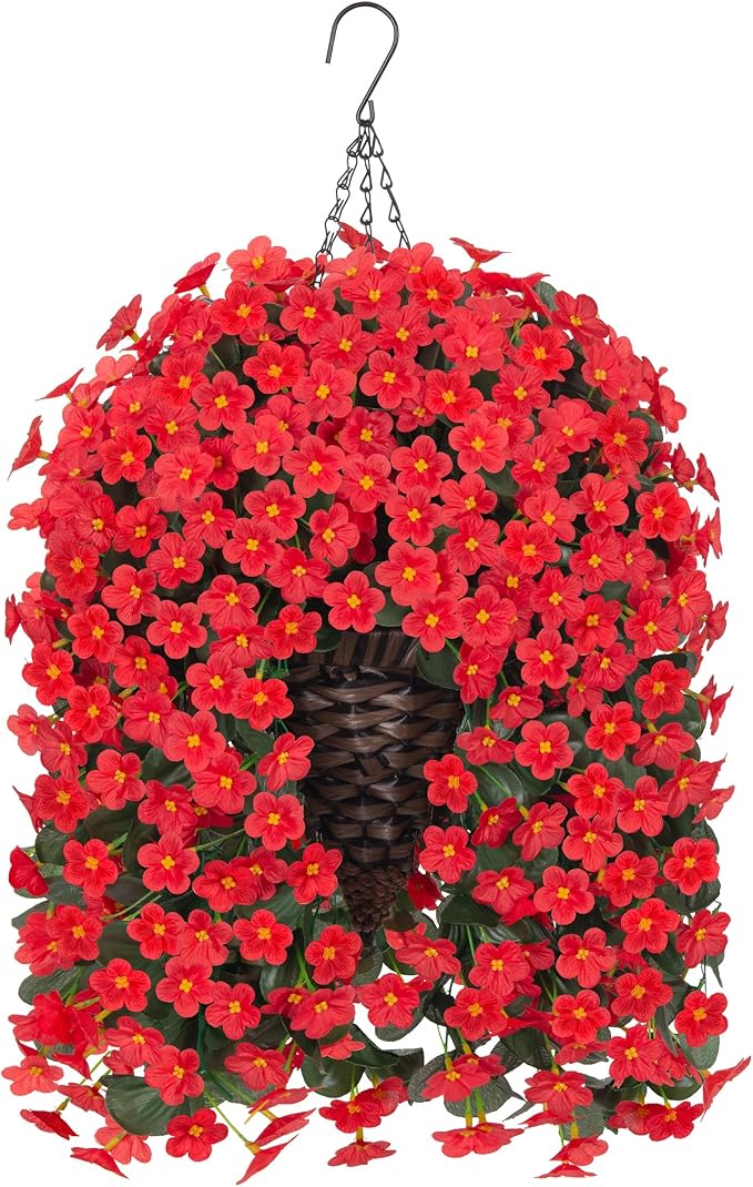 Artificial Hanging Flowers with Baskets for Decor, Fake Silk Red Hanging Daisy Orchid Flowers Plants, Faux Flower Centerpieces for Home Indoor Outdoor Garden Patio