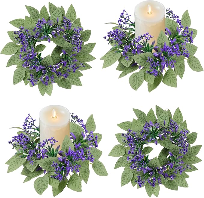 4PCS Candle Rings Wreaths - Artificial Lavender Wreath,Center Spring Wreath Rings,Flower Pillar Candle Holder Wreaths for Tapers Candelabra Wedding Party Home Table Centerpieces