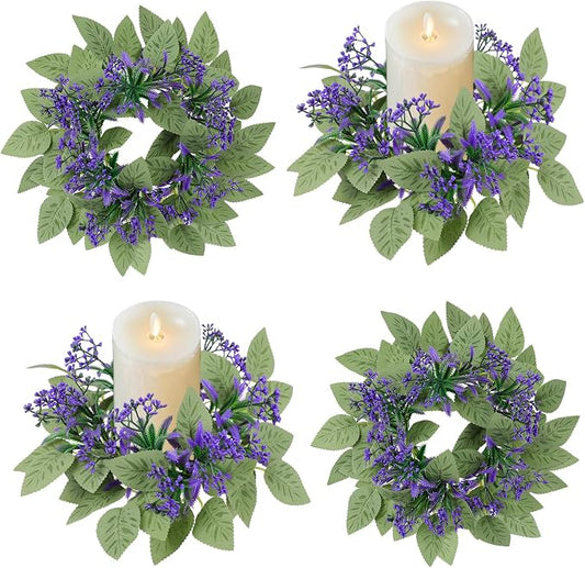 4PCS Candle Rings Wreaths - Artificial Lavender Wreath,Center Spring Wreath Rings,Flower Pillar Candle Holder Wreaths for Tapers Candelabra Wedding Party Home Table Centerpieces