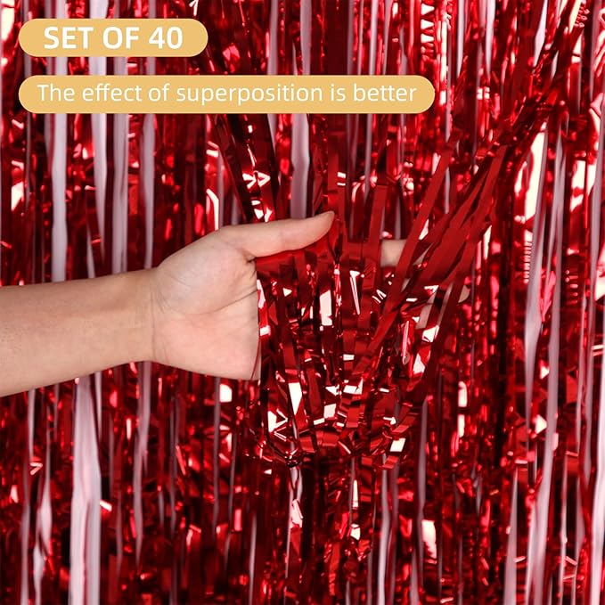 40 Pack Red Foil Curtain Backdrop Metallic Tinsel Foil Fringe Curtains Photo Booth Props for Birthday Party Decoration Christmas Holiday Halloween New Year Party Supply, Red