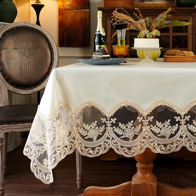 ARTABLE Lace Tablecloth Rectangle Waterproof Table Cover with Exquisite Macrame Border for Wedding Kitchen Holidays Party Decor (Beige, 60 x 104 Inch)