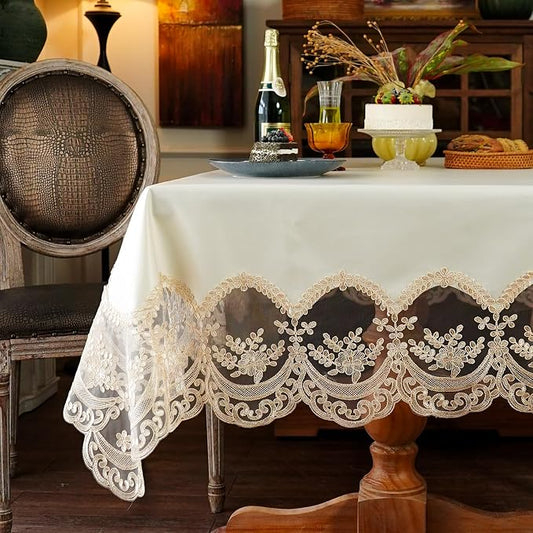 ARTABLE Lace Tablecloth Rectangle Waterproof Table Cover with Exquisite Macrame Border for Wedding Kitchen Holidays Party Decor (Beige, 54 x 72 Inch)