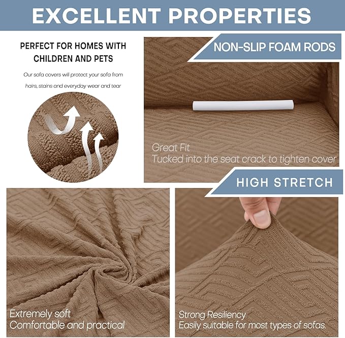 ZNSAYOTX 1 Piece Jacquard Chair Slipcovers for Living Room High Stretch Chair Covers with Arms Anti Slip Pets Friendly Couch Sofa Armchair Cover Furniture Protector (Small,New Pattern Light Coffee)
