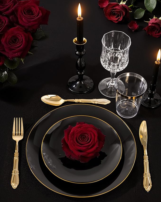 Nervure 100 Pieces Black Plastic Plates - 7.5inch Black Dessert Plates - Disposable Gold Plastic Plate - Disposable Plate Ideal for Wedding & Party