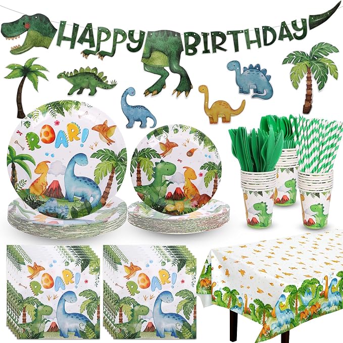 194 Pcs Dinosaur Birthday Party Supplies Dinosaur Paper Plates Napkins Cups Forks Tablecloth Banner Baby Shower Decorations Tableware Theme Serve 24