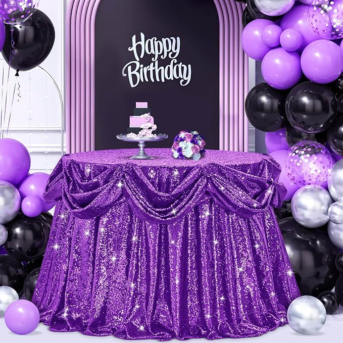 B-COOL Sequin Tablecloth Round Party Decorations: Purple Table Cloth Overlay 120 Inch Sparkle Fabric for Birthday Ceremony Parties Halloween