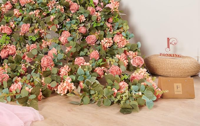 PONKING Flower Garland Artificial Rose & Hydrangea Vine Hanging Fake Flowers Vines for Wedding Birthday Party Valentines Christmas Room Wall Arch Decor, 1 Rose & 1 Hydrangea Dark Pink Floral Garland