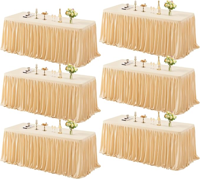 6 Pack Dark Champagne Tablecloths for Rectangle Tables 6ft, Wrinkle Resistant Champagne Table Cover Fitted Stretch Table Cloth with Pleated Ruffle Skirts for Party Banquet Dining Birthday Wedding