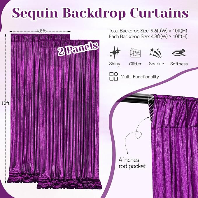 Glitter Sequin Backdrop Curtains 9.6x10ft - Purple Photography Backdrops with Non-Shedding Shimmer Wrinkle-Free Stage Drapes for Wedding Halloween Studio Shoots (4.8x10ft 2 Panels)
