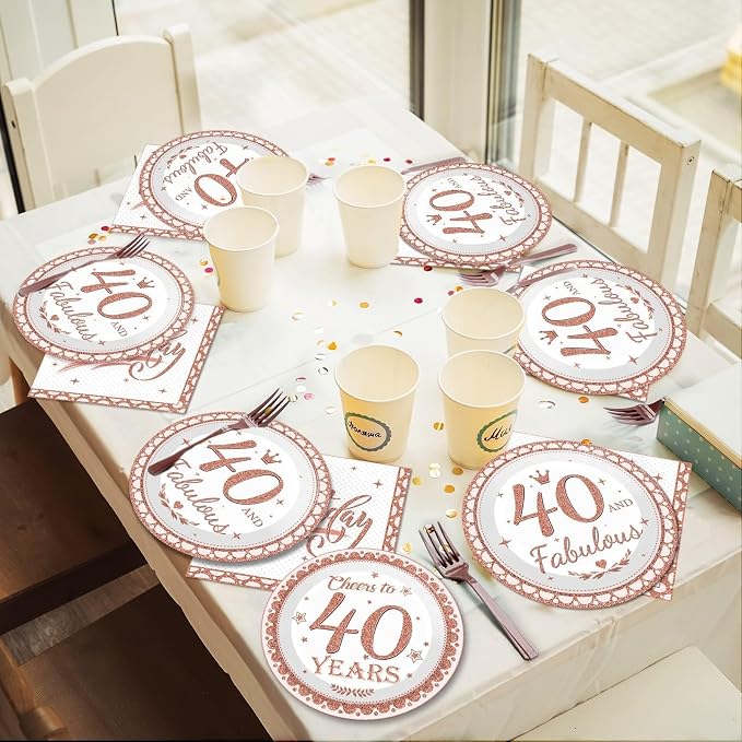 gisgfim 50 Guests 40th Birthday Decorations Plates Napkins for Women Rose Gold Party Supplies 40 Fabulous Happy Birthday Tableware Set Cheers to 40 Years Party Decor Table Decors for Her Girl 200Pcs