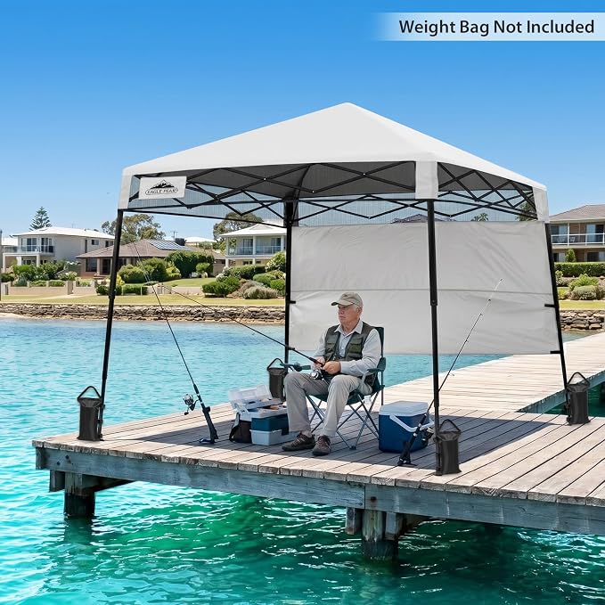 EAGLE PEAK 8x8 Pop Up Canopy Tent with Sidewall, Compact, Portable Slant Leg Instant Sun Shelter for Beach, Sports, & Camping, 8x8 Base 6x6 Top, White