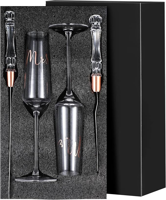 Boao 4 Pieces Wedding Toasting Flutes and Cake Server Set Wedding Reception Supplies Champagne Glasses Cake Knife Pie Server (Rose Gold,Classic)